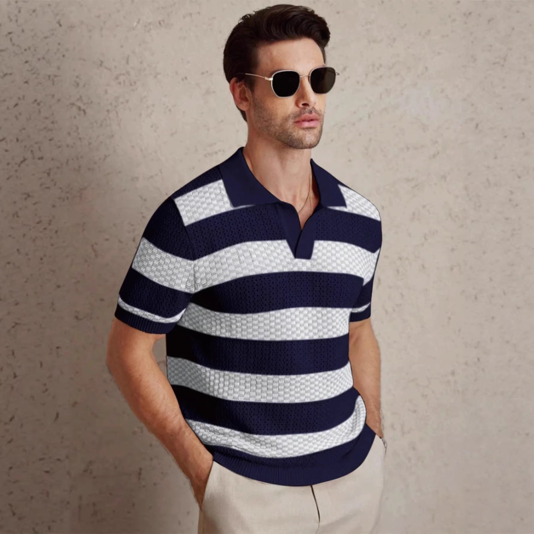 Mens Striped Knitted Short-Sleeve Polo Shirt
