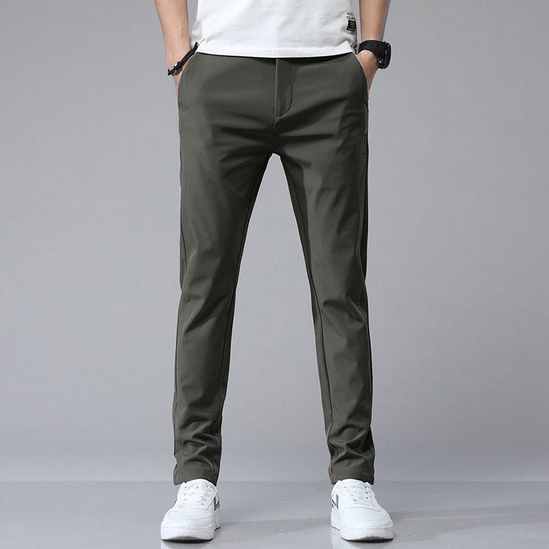 Mens Ice Silk All-Match Elastic-Waist Casual Pants With Fleece Lining For Autumn