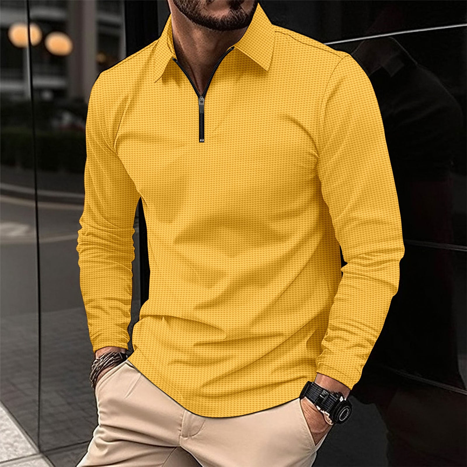 Men's Lapel Fashion Solid Color Waffle Long Sleeve T-shirt