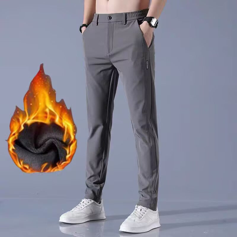 Mens Ice Silk All-Match Elastic-Waist Casual Pants With Fleece Lining For Autumn