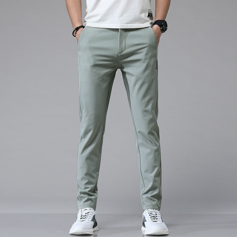 Mens Ice Silk All-Match Elastic-Waist Casual Pants With Fleece Lining For Autumn