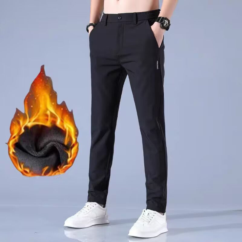 Mens Ice Silk All-Match Elastic-Waist Casual Pants With Fleece Lining For Autumn