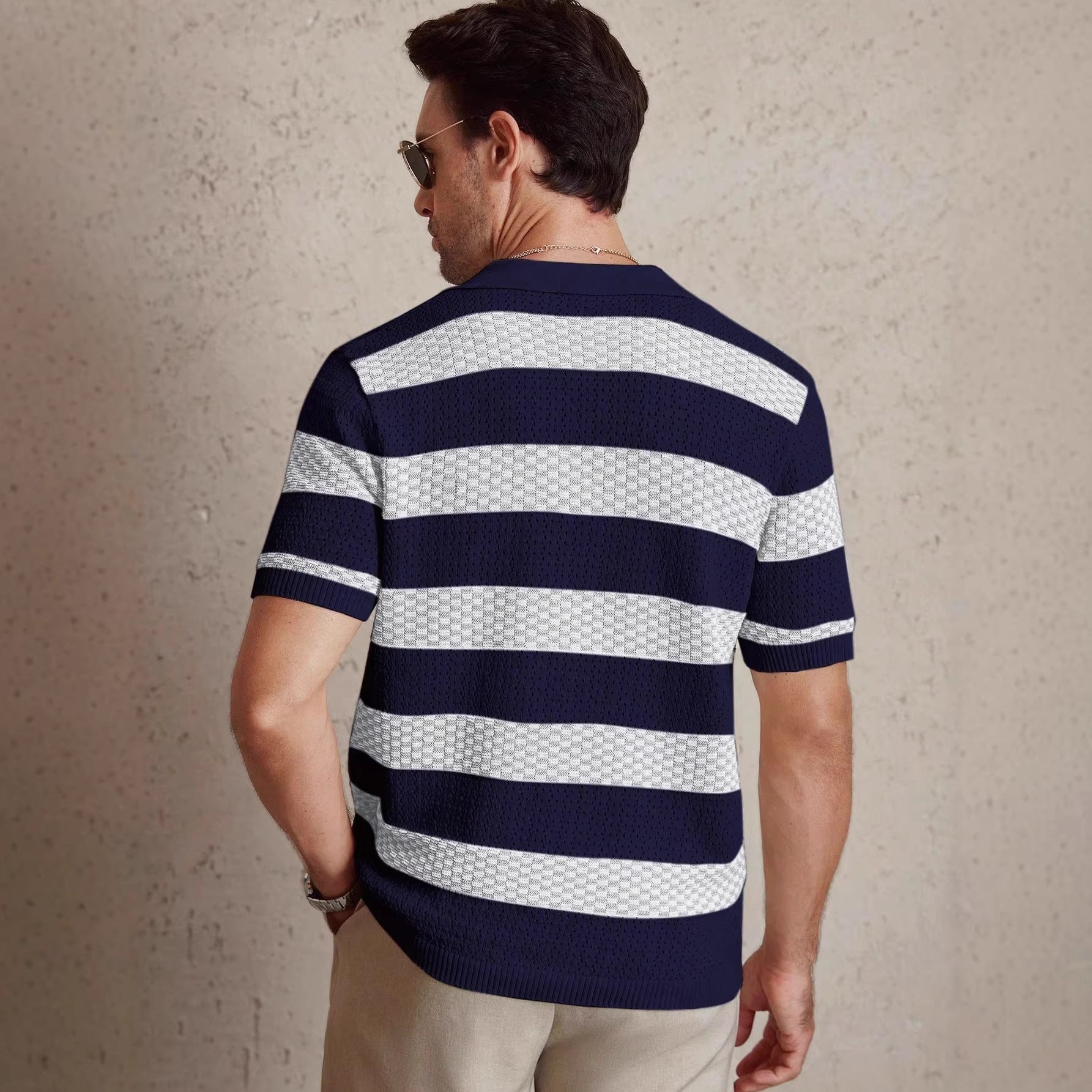 Mens Striped Knitted Short-Sleeve Polo Shirt